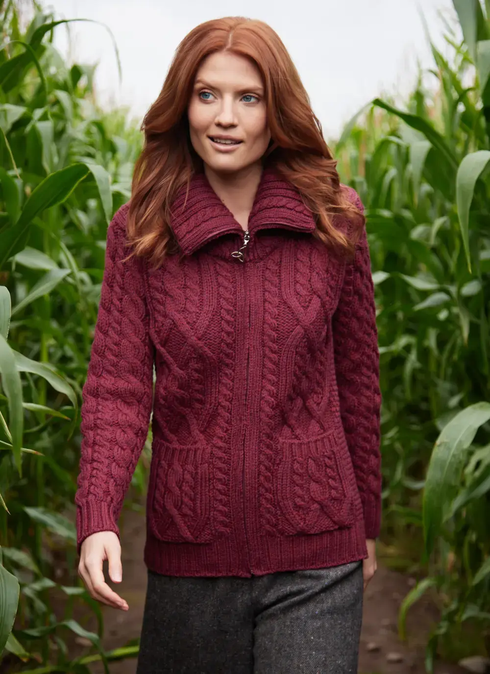 Ella Double Collar Aran Zip Cardigan Fuschia 